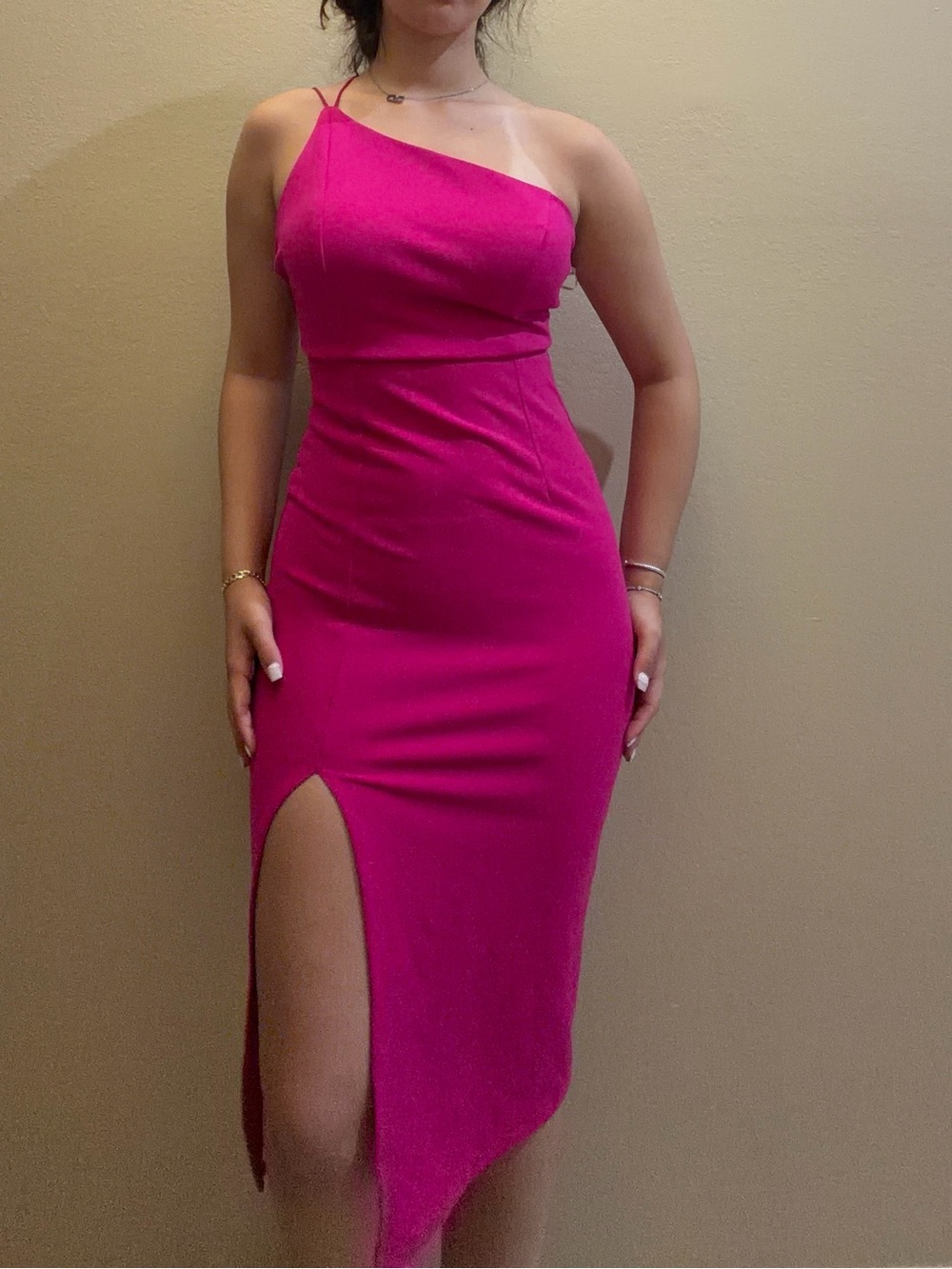 One-Shoulder Fuchsia Midi Dress with Side Slit
